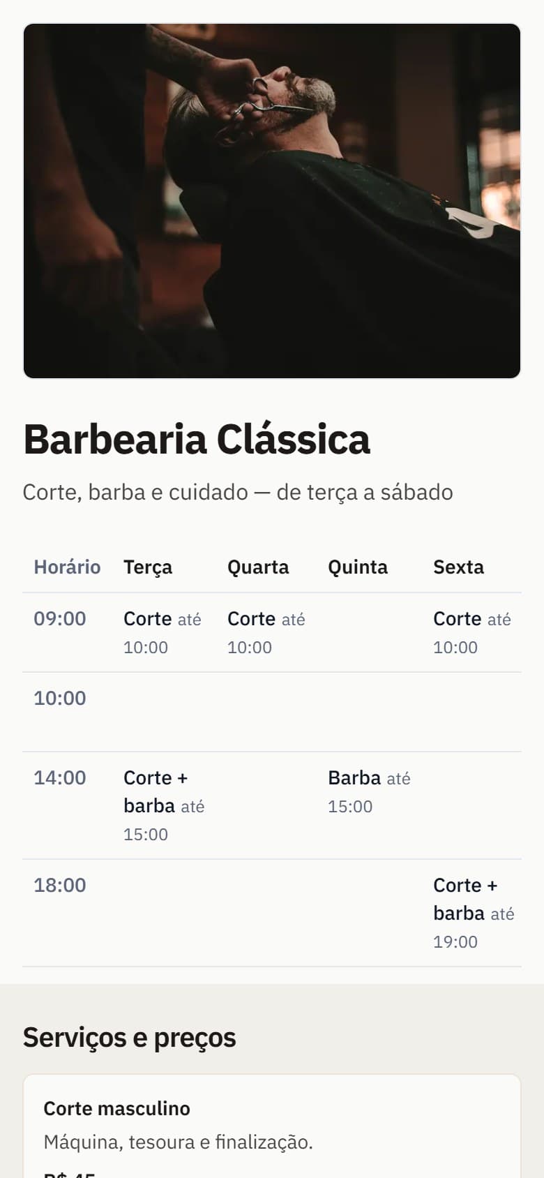 O modelo Barbearia Clássica visto no celular
